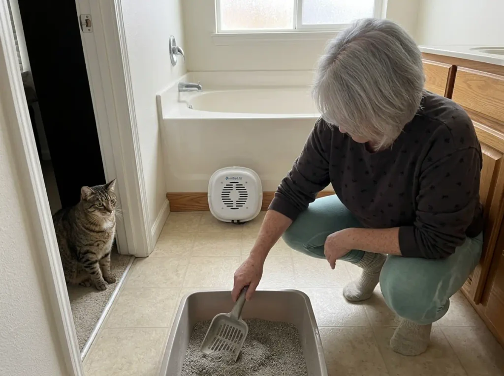 Small air purifier unit standing beside a litter box on a bathroom floor with the scoop in hand