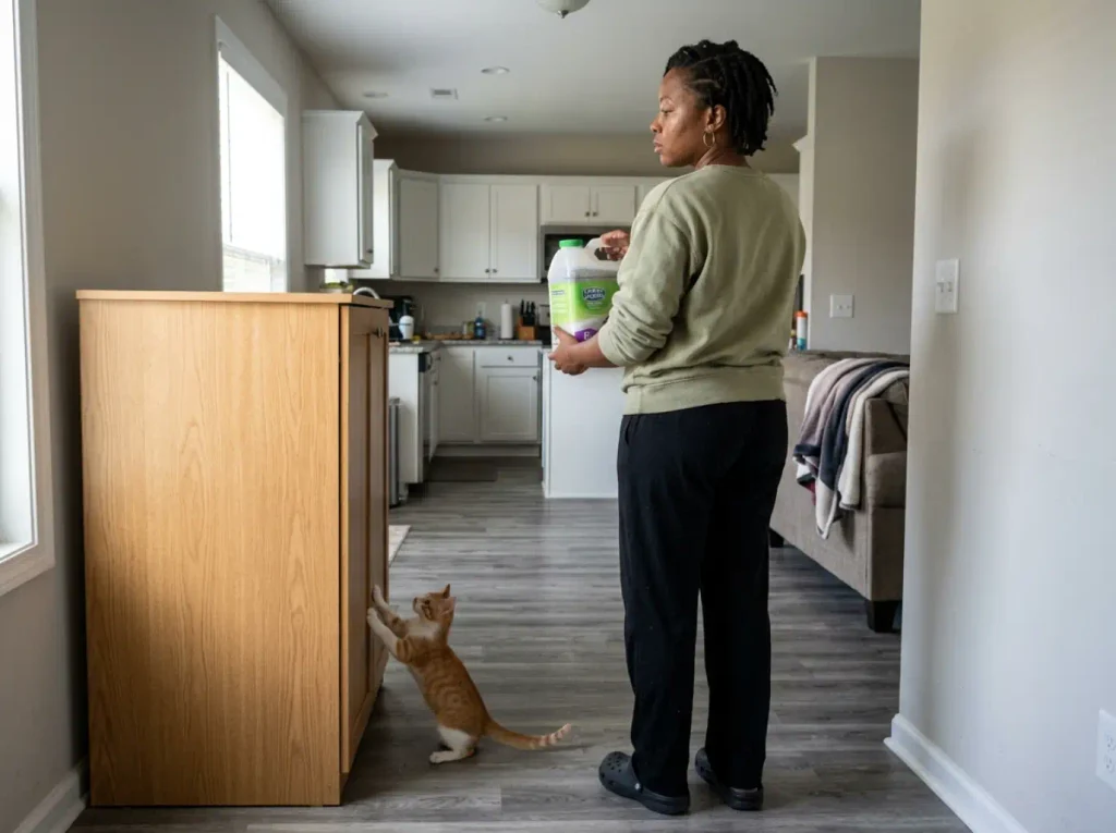 Woman standing back from a tall litter box cabinet with its top surface kept clear of storage