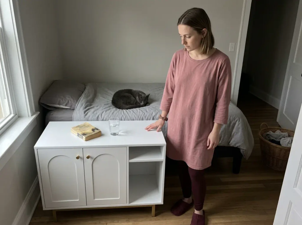Compact litter box enclosure used as a bedside table in a small rented bedroom