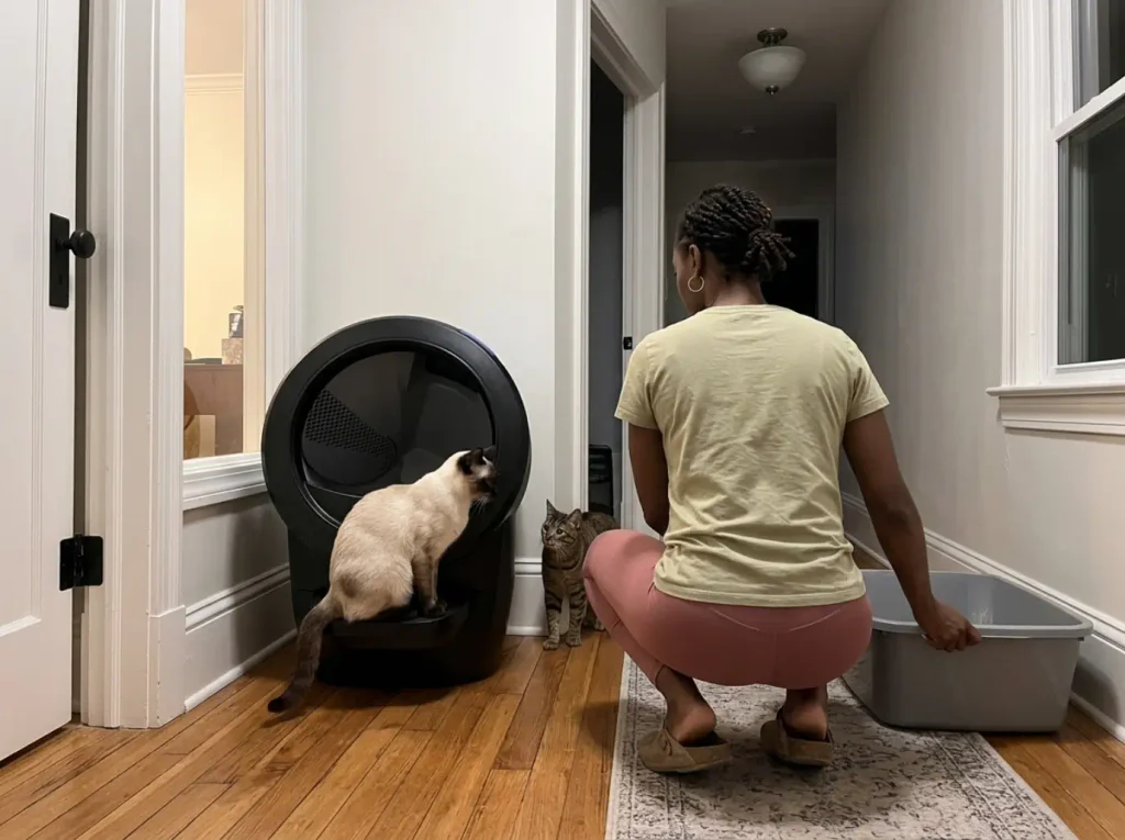 A premium automatic litter box and a plain manual backup box in a hallway with two cats