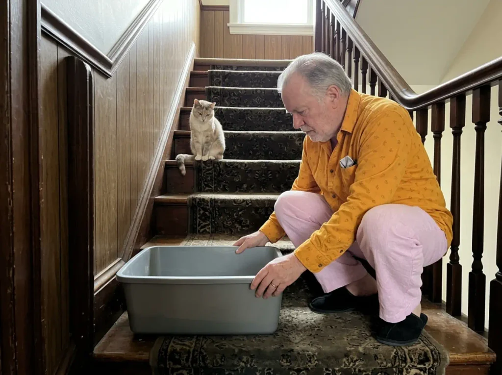 Litter box resting partway up a staircase landing during a slow, gradual relocation