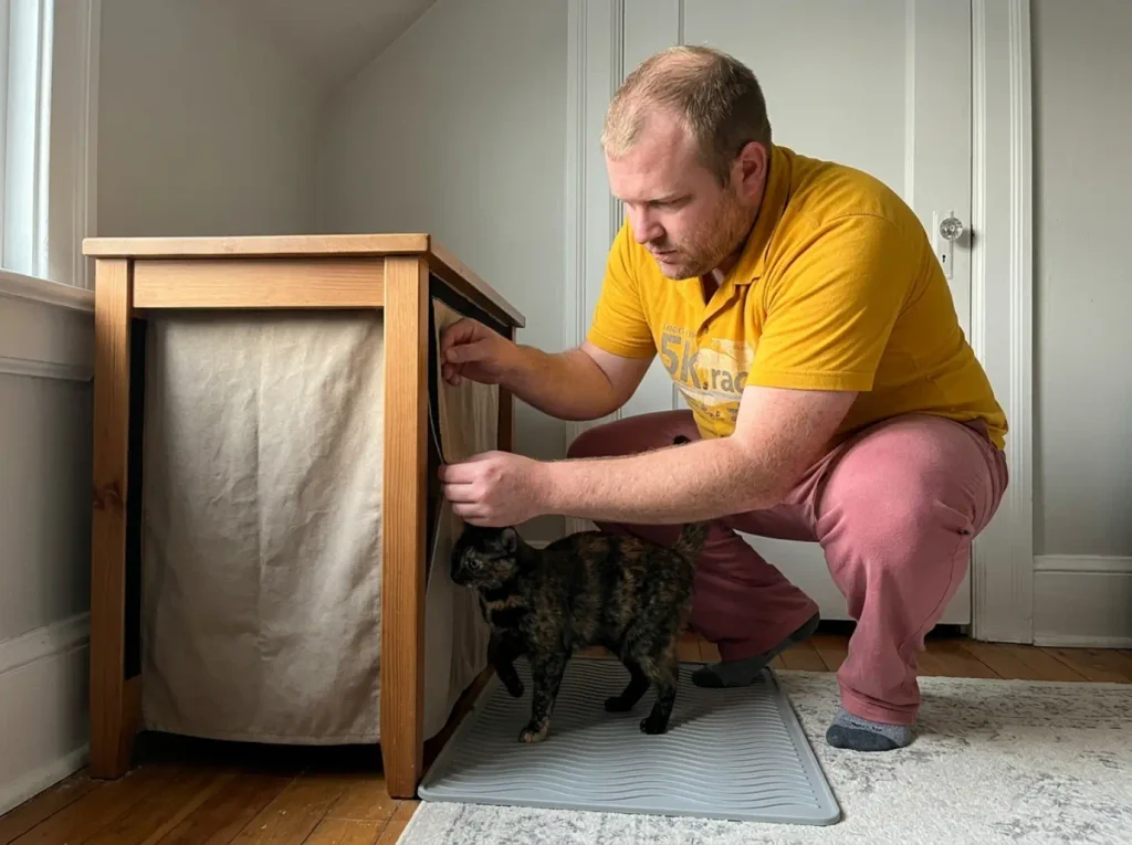 Plain side table with a fabric curtain panel hiding a litter box, no-cut renter setup with a mat at the opening
