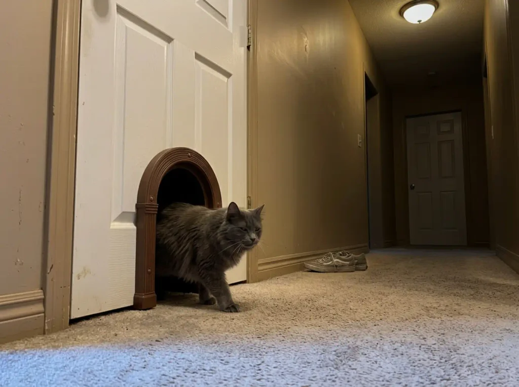 No-flap cat door fitted low in a closed basement door with a gray longhair cat stepping through the opening