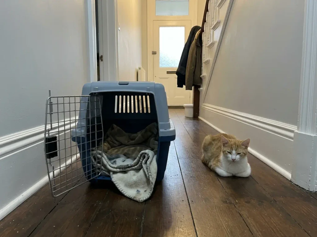 An open cat carrier on a hallway floor with a soft blanket inside, ready by the front door