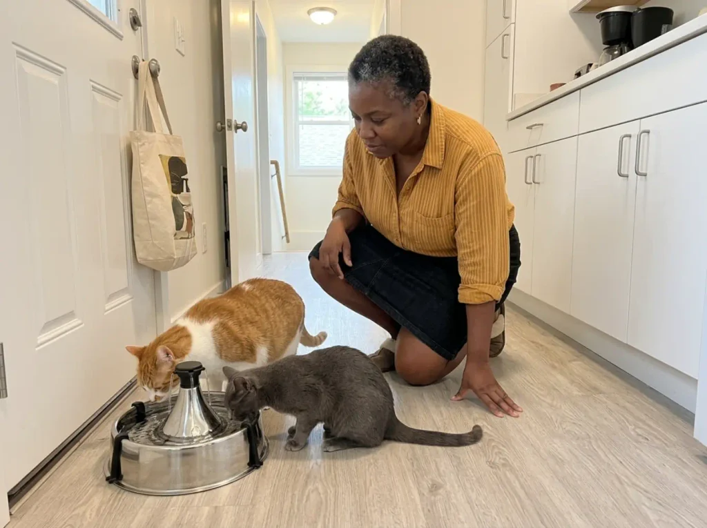 PetSafe Drinkwell Stainless 360 fountain on a studio floor with two cats drinking from opposite sides