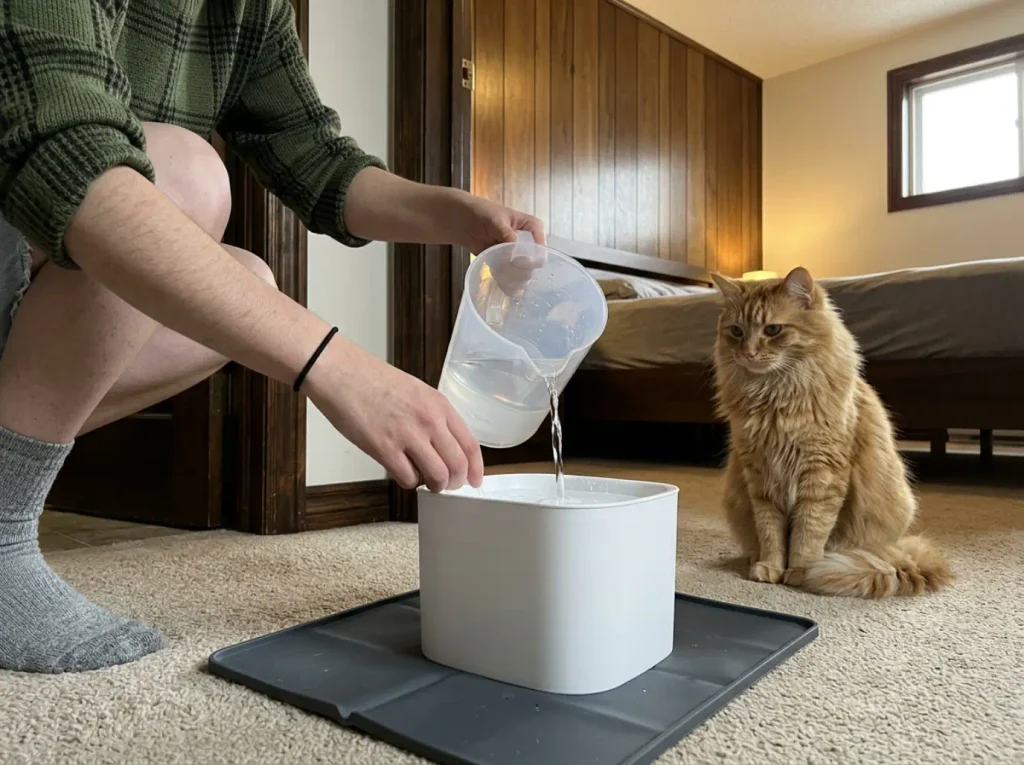 Hands topping a cat fountain up to the fill line with a jug, a folded mat already under the base