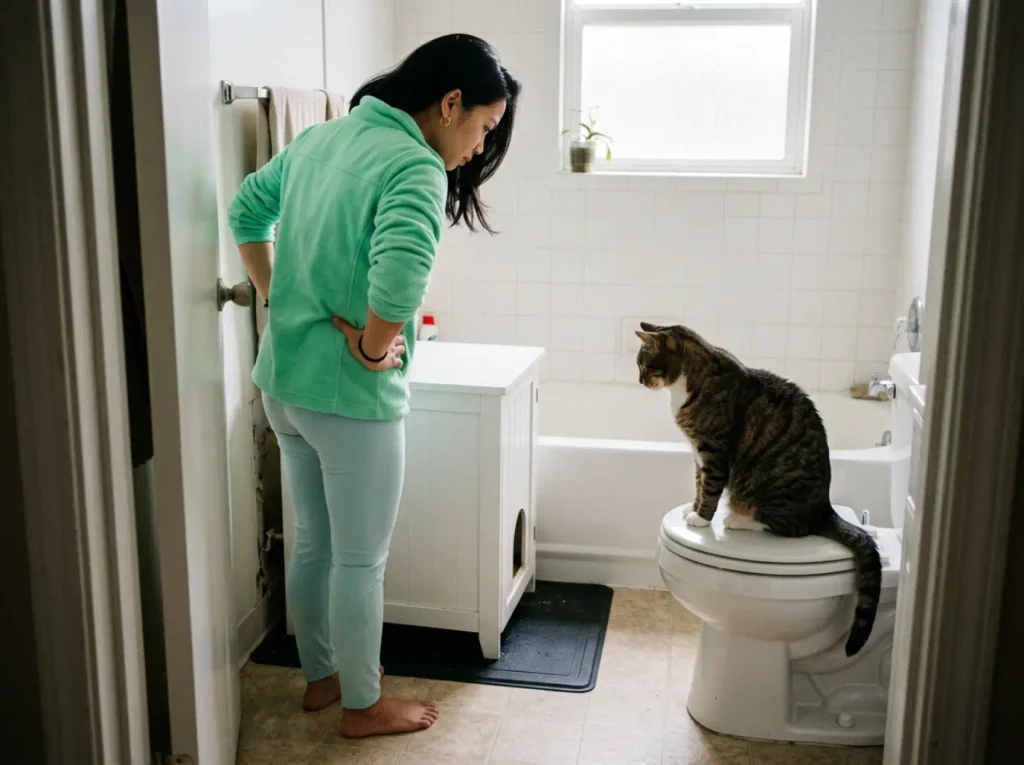Woman standing back after pulling a rented litter box enclosure an inch off the wall to inspect the joint