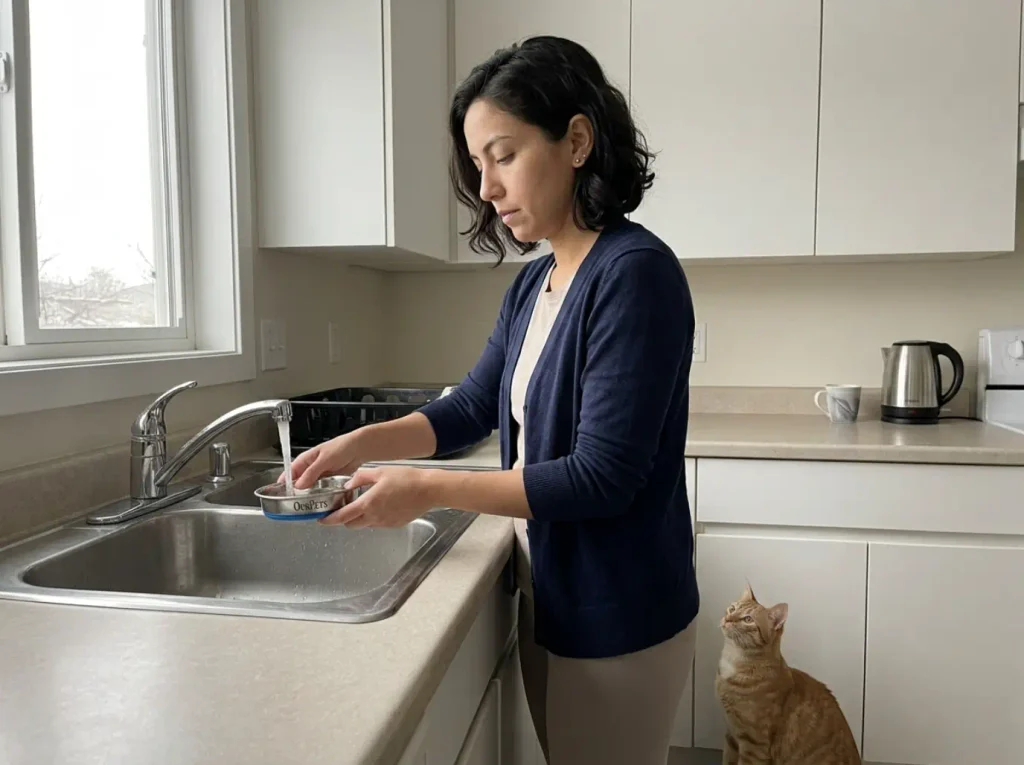 Emptying and rinsing a small stainless steel cat water bowl at a kitchen sink