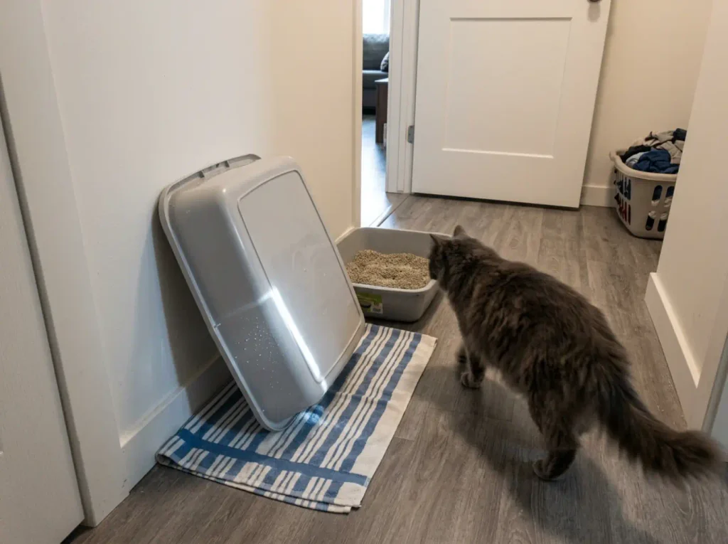 One litter box drying against the wall while the second stays in service, the rotation that keeps a wash schedule going