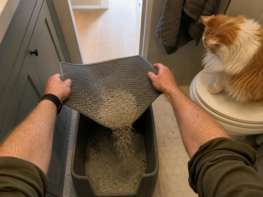 Hands shaking a litter mat out over the open litter box during the morning routine