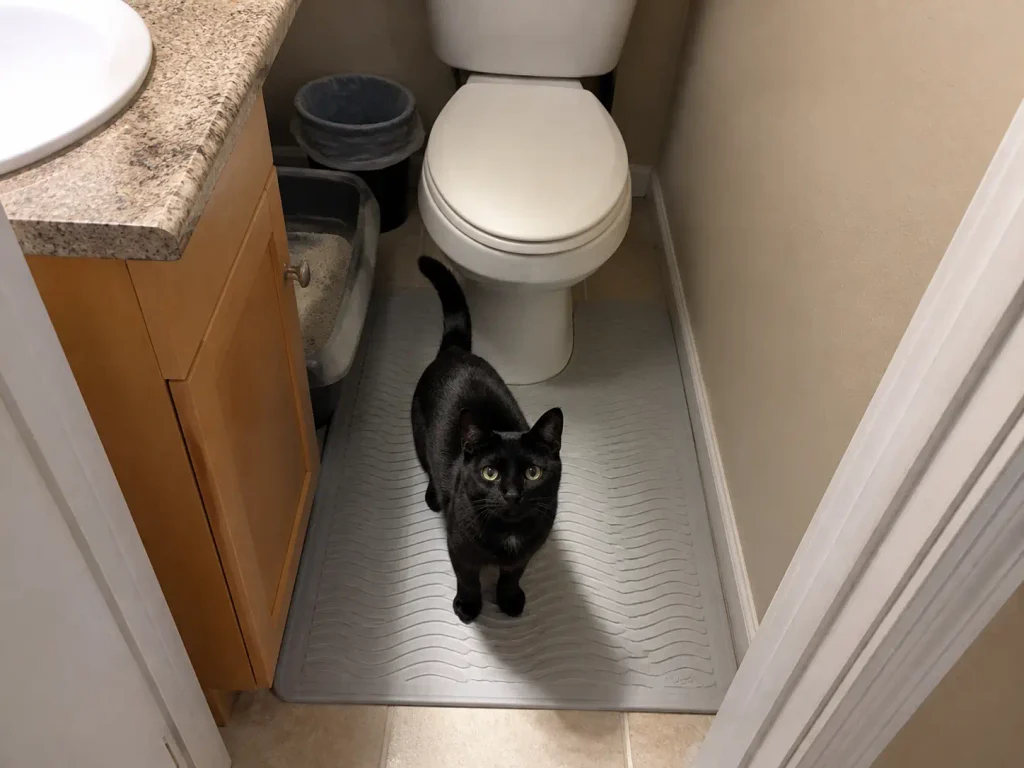 A silicone litter mat filling the narrow gap between a litter box and a bathroom wall