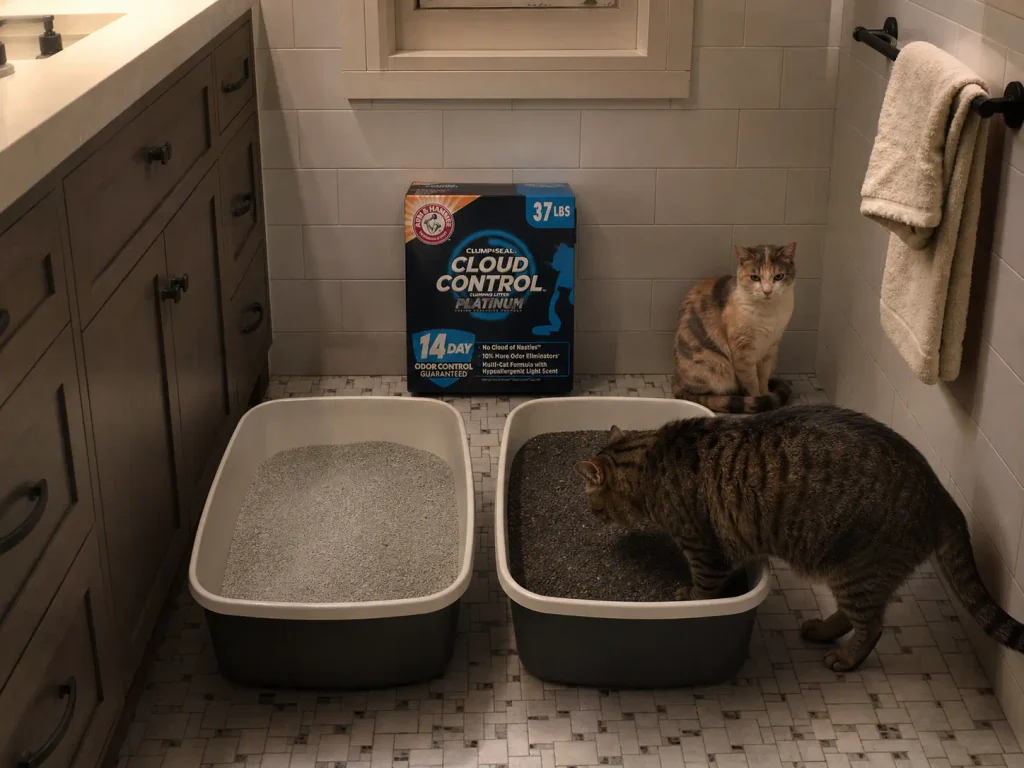 Two cats beside two litter boxes filled with different litters during a gradual switch