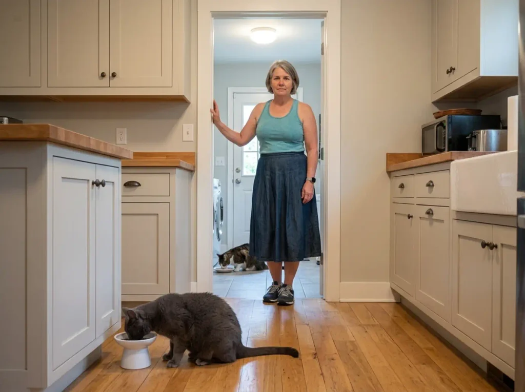 Two cats eating at food stations placed in separate rooms out of sight of each other