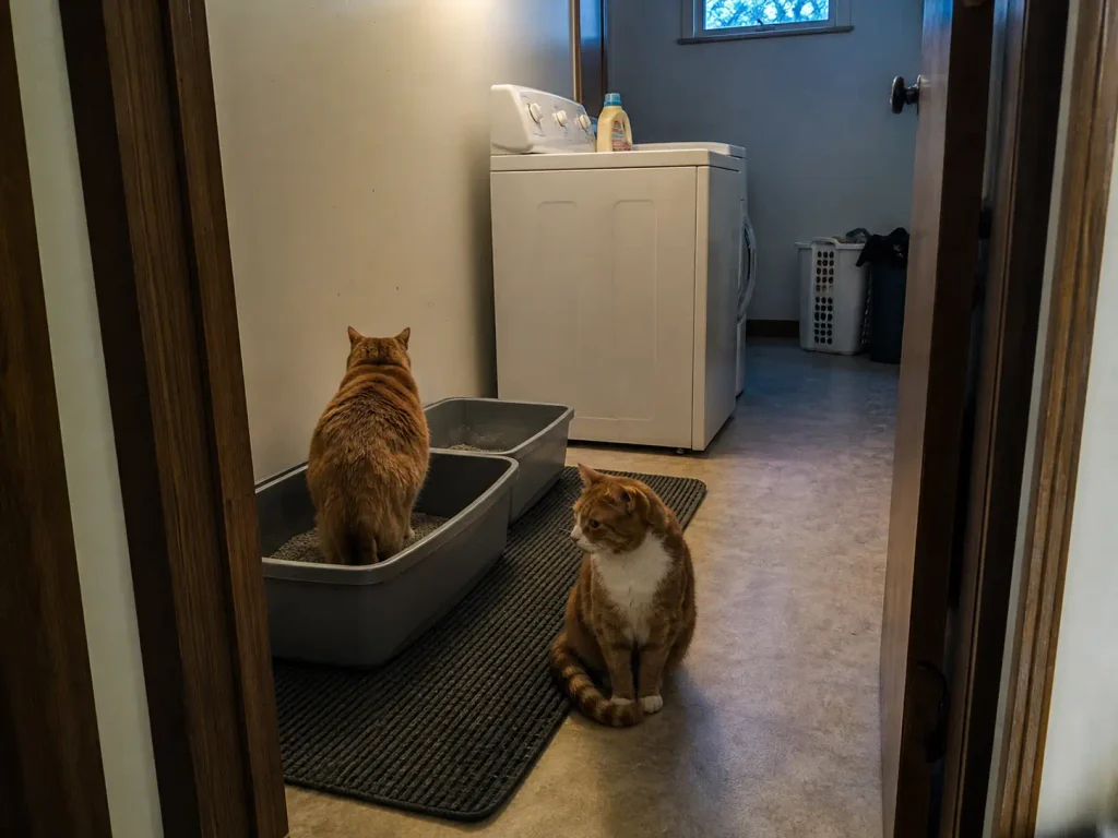 Two litter boxes side by side in a utility room with two cats, one using a box and one waiting