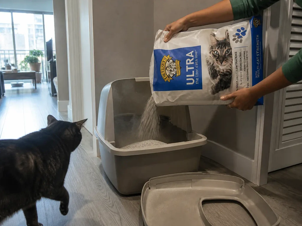 Bag of unscented clumping litter beside a covered litter box being refilled after a stalled transition