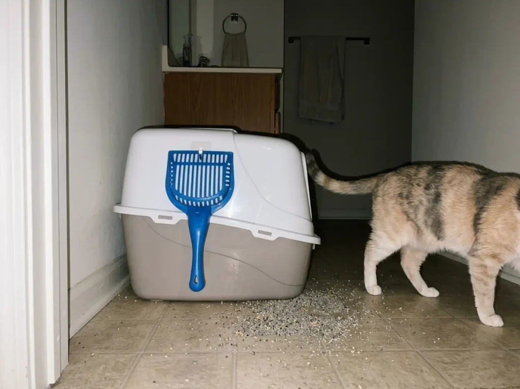 Van Ness plastic litter scoop hung bowl-up on an adhesive hook beside the box
