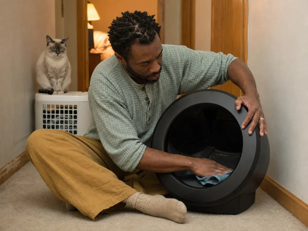 Forearms wiping the sensor plate inside an automatic litter box with a cloth
