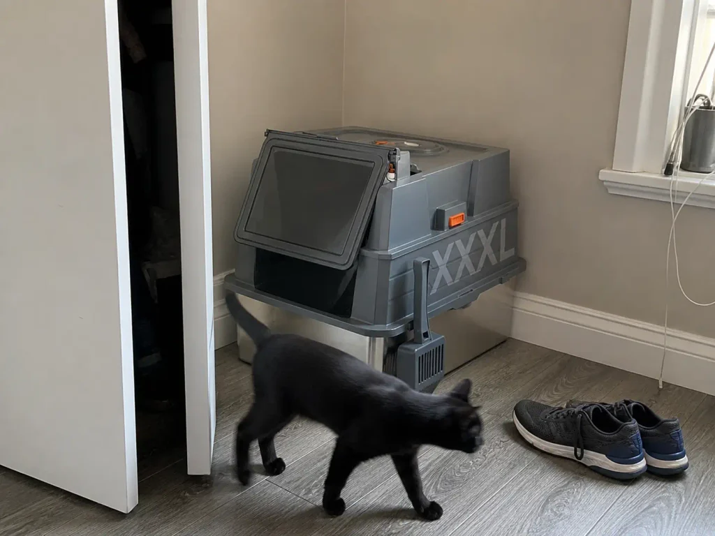 Large stainless steel litter box in a bedroom corner beside a wardrobe with a black cat walking past