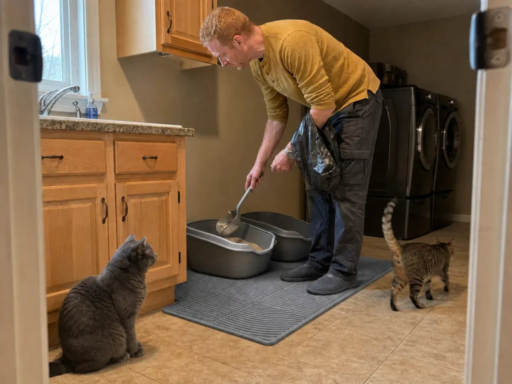 Two litter boxes side by side on an extra-large silicone mat with two cats nearby