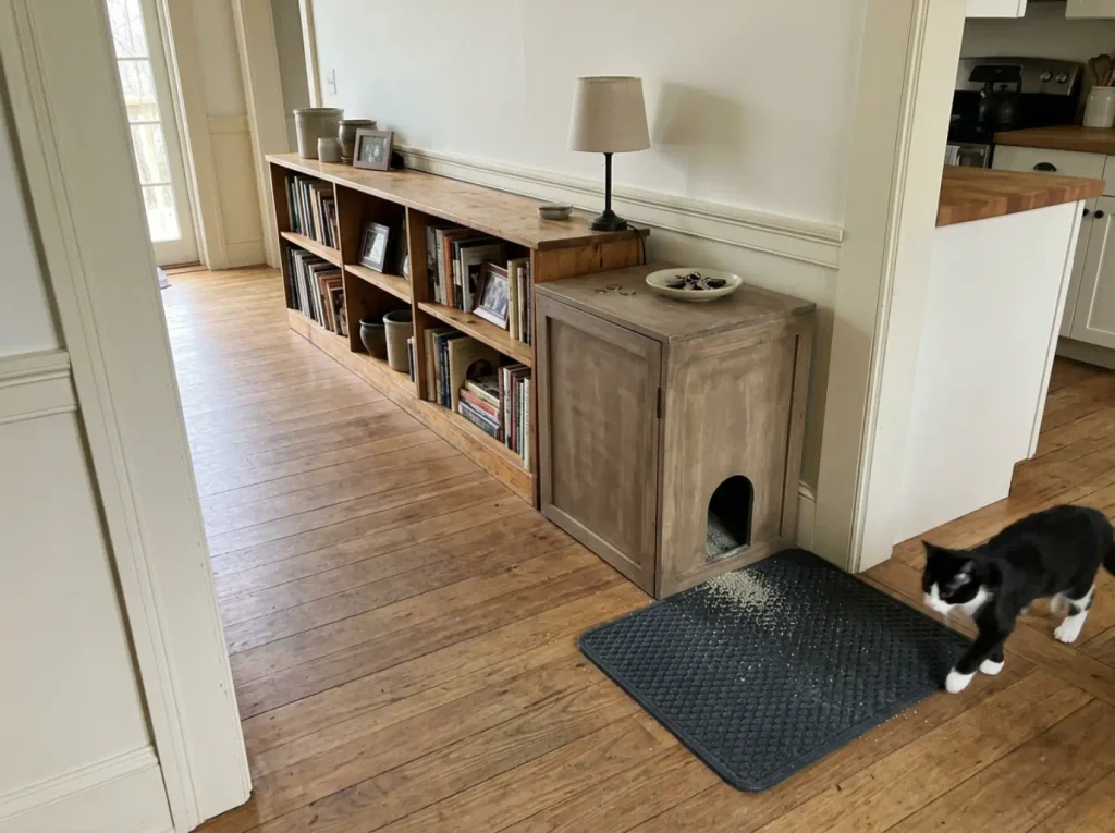 Litter box enclosure lined up along a wall with a lamp on top and a mat at the exit