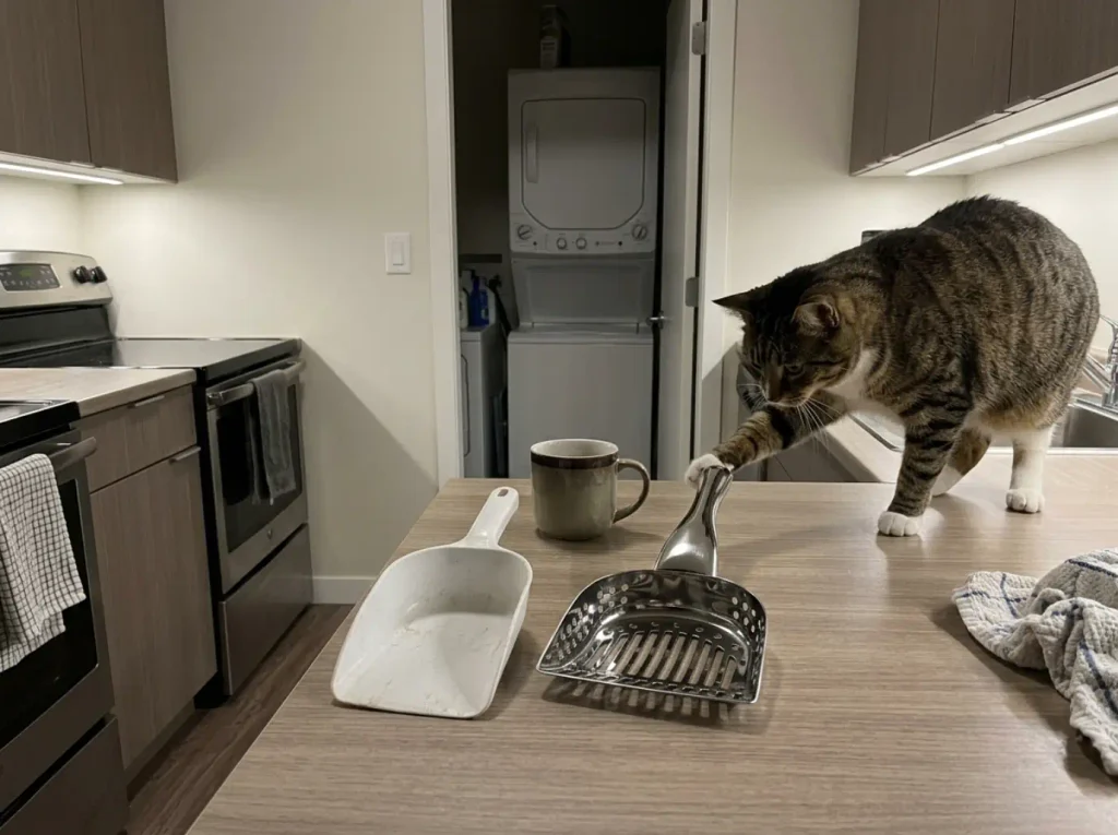 Stainless steel litter scoop on a kitchen counter next to the worn plastic one it replaces