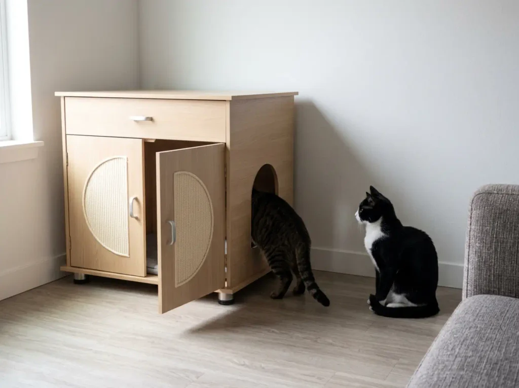 Two cats waiting at the same litter box cabinet in a studio apartment, one inside and one outside