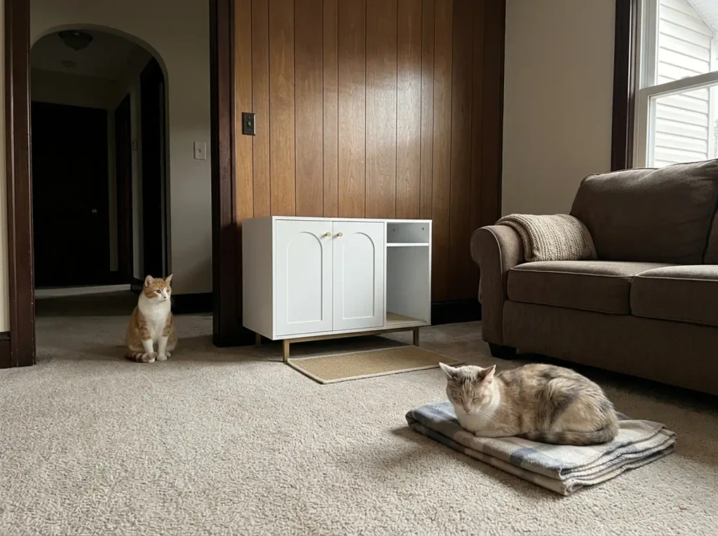 Litter box enclosure in a living room corner with two cats nearby, one older cat resting close by