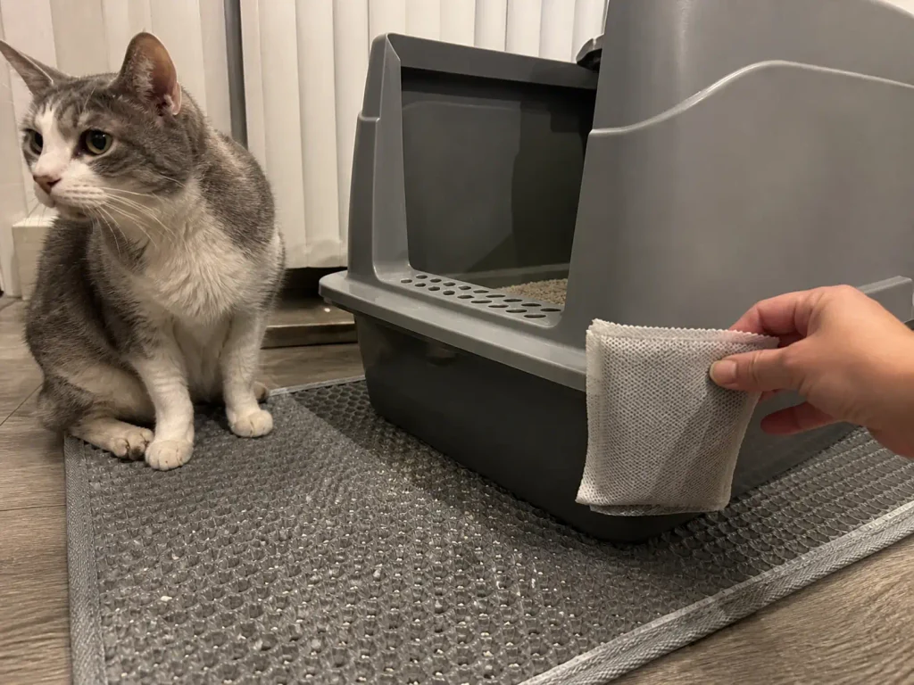 Activated charcoal pouch hanging beside a litter box on a litter mat in a rental apartment