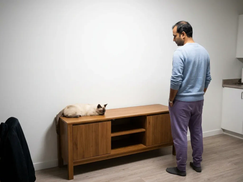 Man standing back from a low litter box cabinet in a rented studio, cleared surface and nothing on top