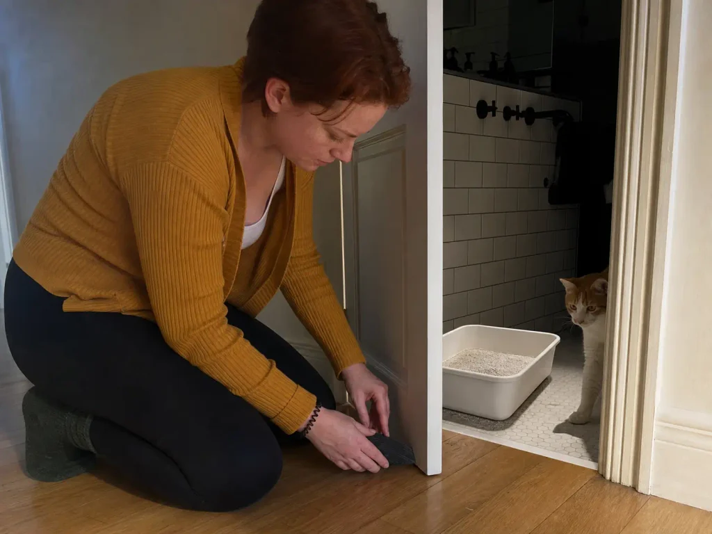 Litter box pulled away from the wall in a small rented bathroom with the door propped ajar