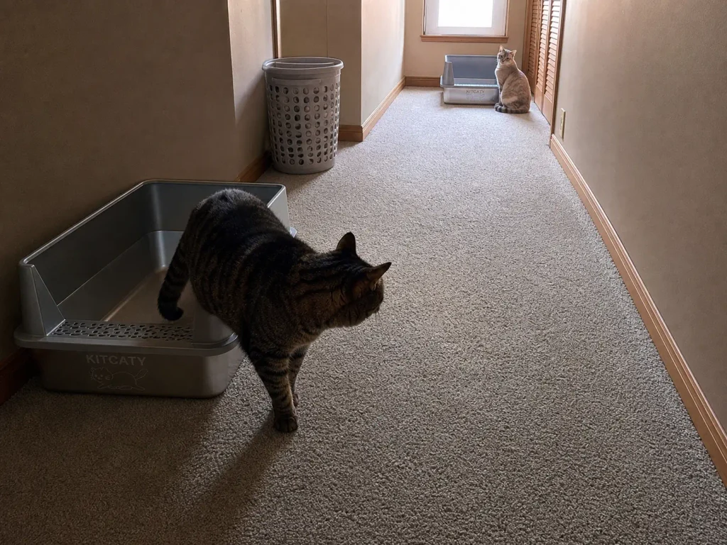 Two matched steel litter boxes placed apart on an upstairs landing with two cats nearby