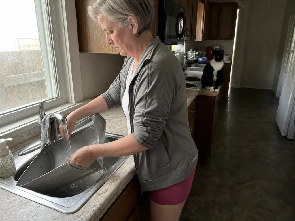 Woman rinsing the removable tray of an automatic litter box at a rental kitchen sink