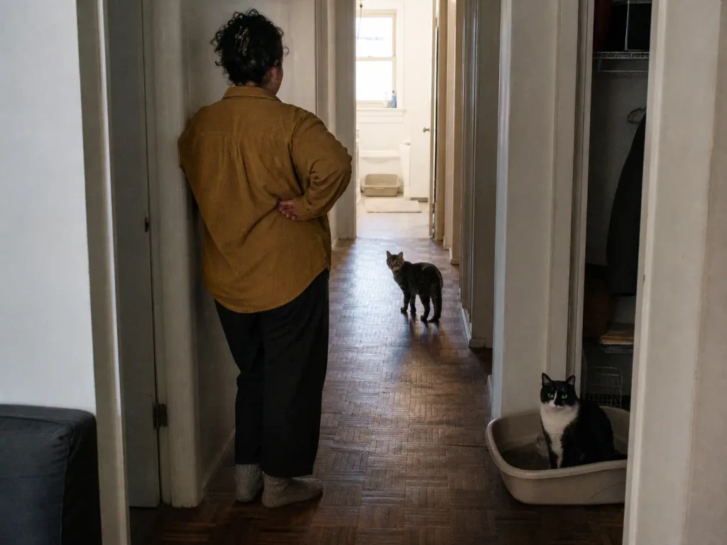 Two litter boxes placed in separate spots along a rental apartment hallway for two cats