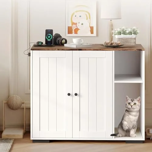 Garvee Large Cat Robot 4 Enclosure Furniture with power outlet and dog-proof shelf, white