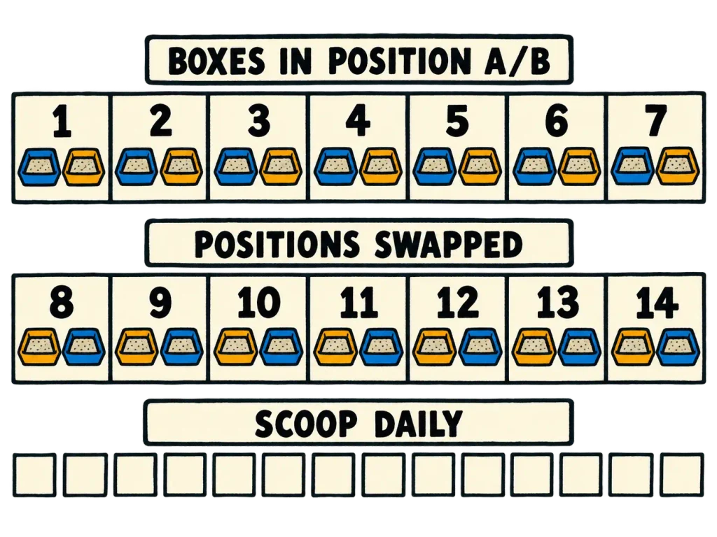 Linocut 14-day calendar grid showing box positions A and B for the first week, swapped positions for the second week, and a daily scooping checkbox row