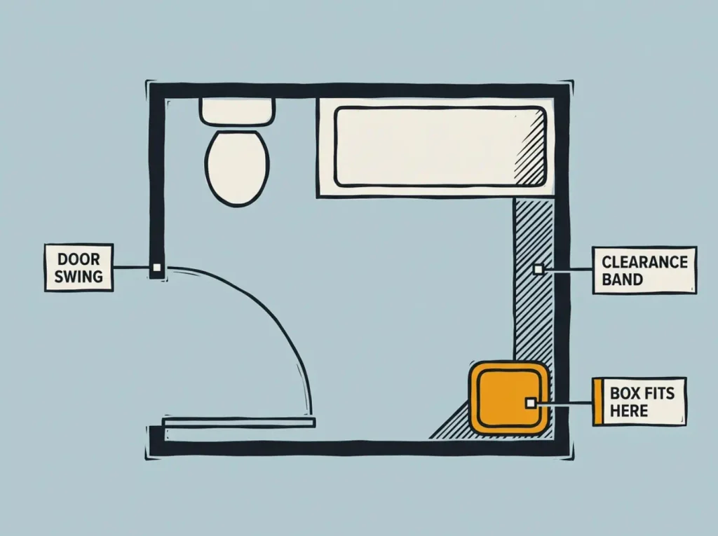 Flat linocut overhead bathroom floor plan showing the door swing arc, a clearance band, and the dead corner where a litter box fits
