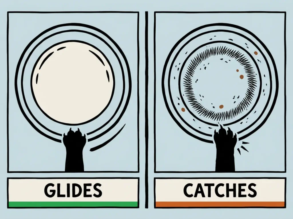 Diagram showing a smooth cat bowl interior labeled glides next to a scratched hazed one labeled catches