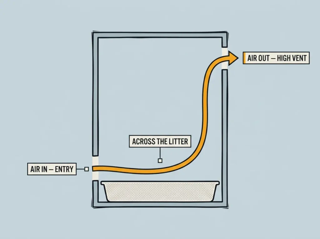 Flat linocut side cross-section of a litter box cabinet showing airflow entering the front door and exiting a high back vent