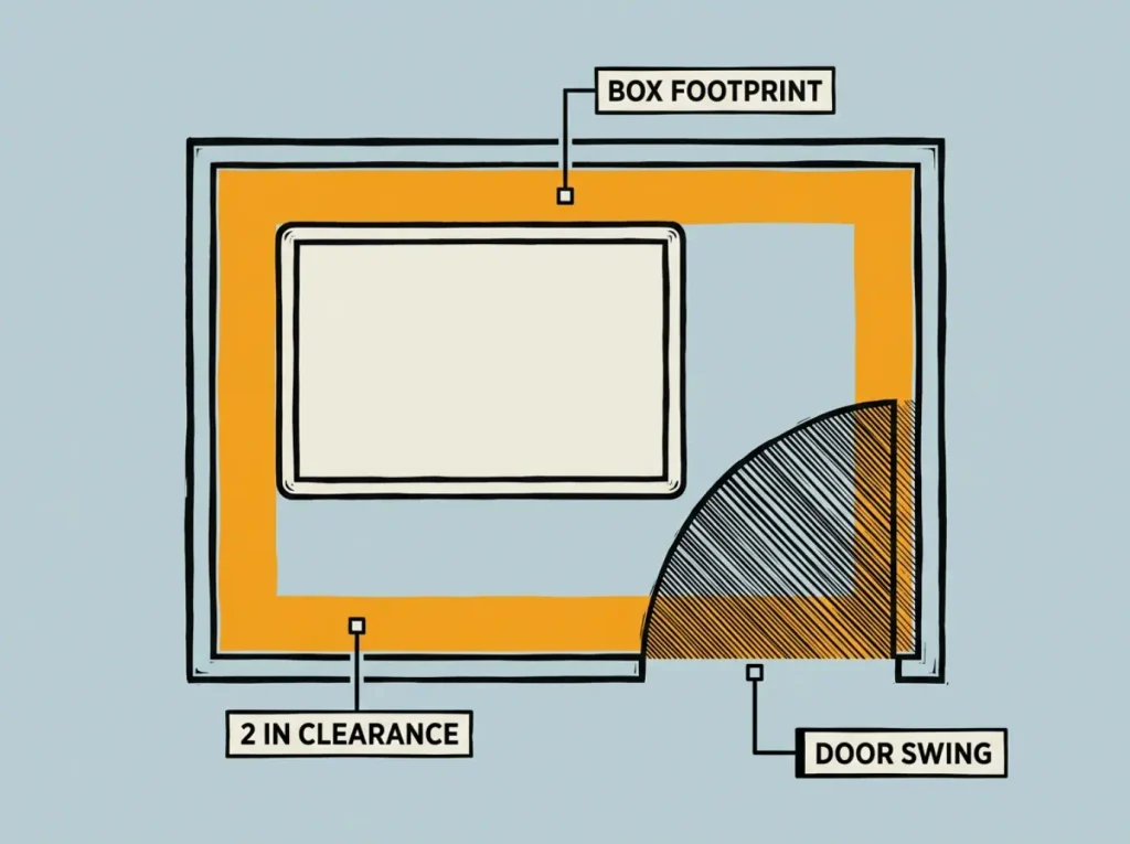 Flat linocut top-down diagram of a litter box cabinet interior showing the box footprint, clearance band, and door swing arc