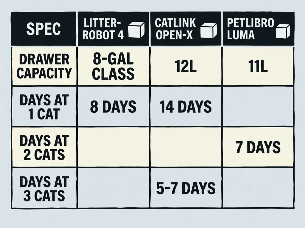 Capacity and interval comparison table for three automatic litter box units, with empty cells showing where no brand publishes a three-cat figure