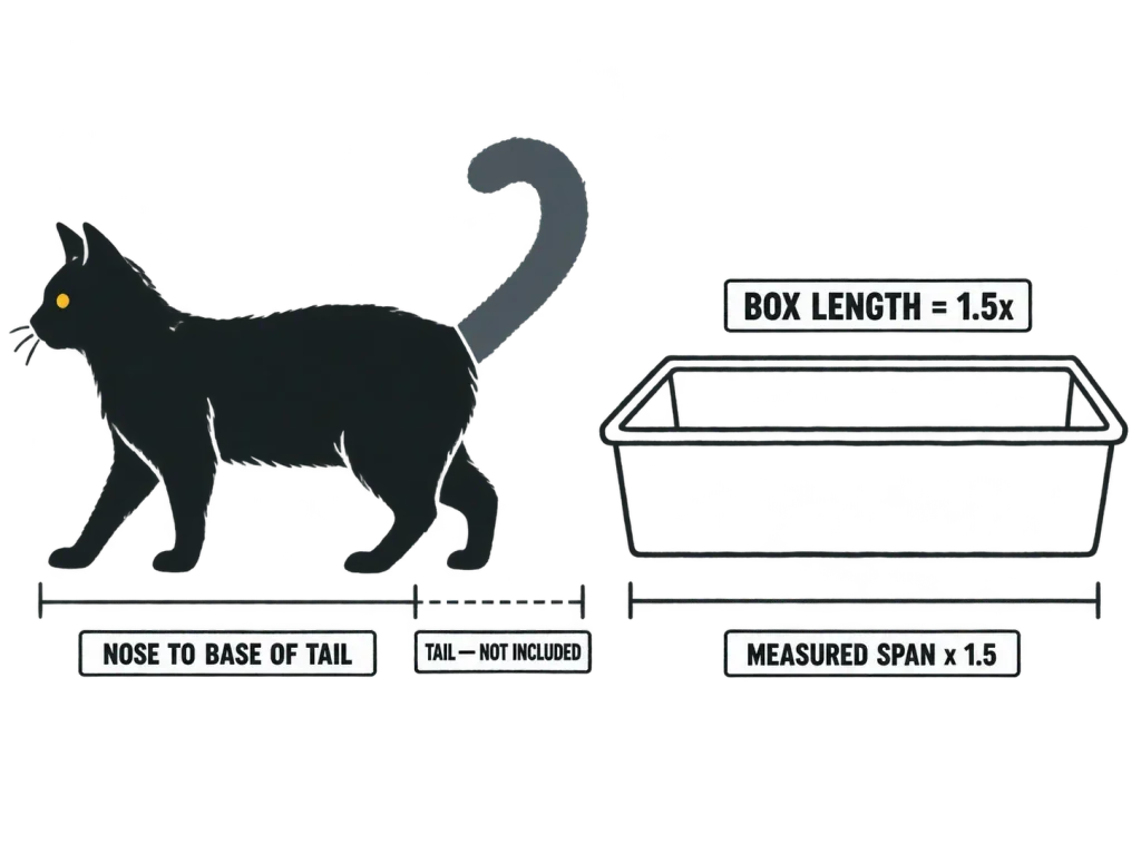 Linocut diagram of a cat in profile showing the measured span from nose to base of tail, tail excluded, next to the resulting litter box length at 1.5 times that measurement