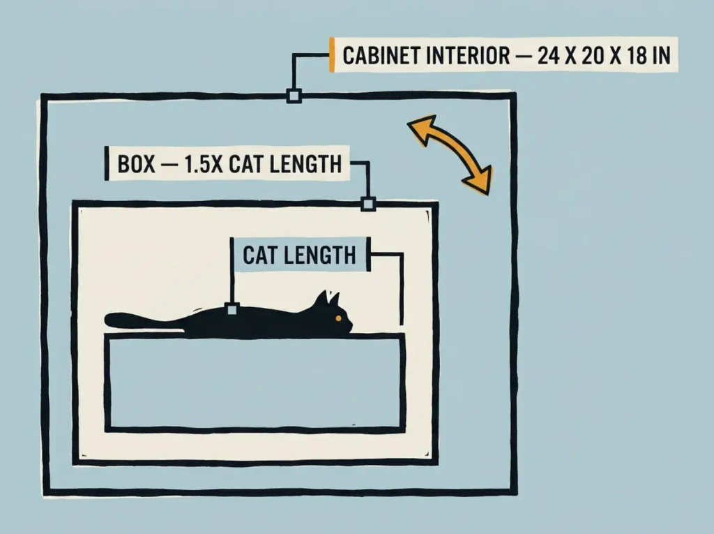Flat linocut diagram of three nested rectangles showing cat length, litter box at 1.5x, and cabinet interior clearance