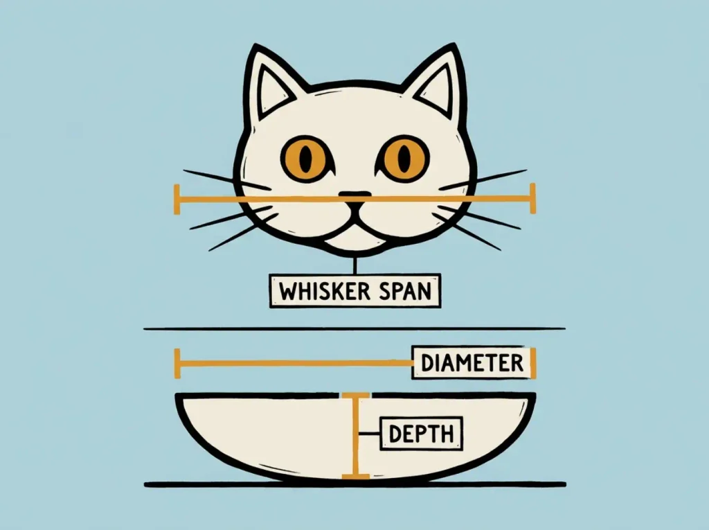 Diagram showing a cat's whisker span measured against a bowl cross-section labeled diameter and depth