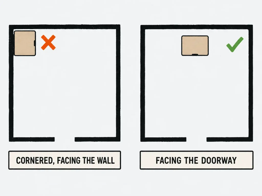 Overhead linocut room diagram comparing a covered litter box cornered with its entrance facing a wall to the same box with its entrance facing the room doorway and clear floor on both sides