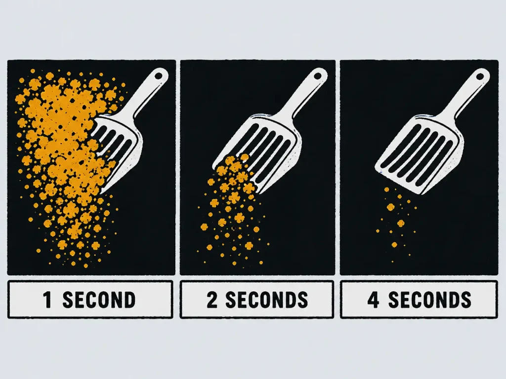 Three-panel linocut strip showing a scoop of cat litter's dust cloud at one, two, and four seconds after pouring, illustrating what a fast versus slow settling time looks like