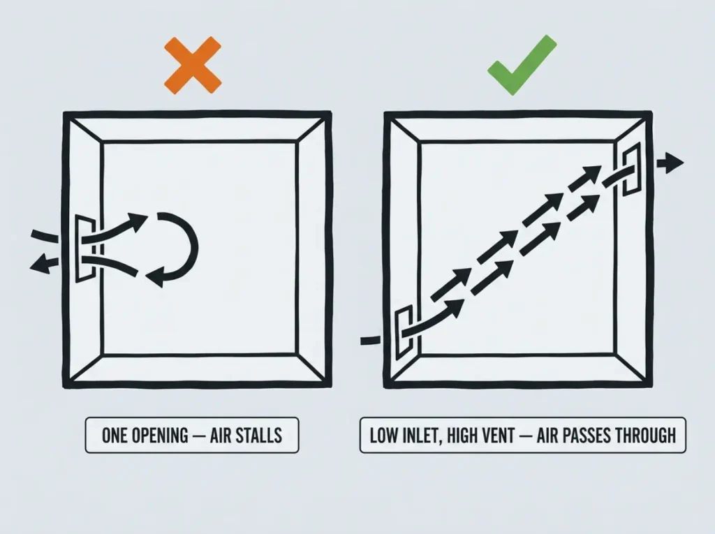 Two-panel comparison of litter box enclosure airflow, showing stalled air in a single-cutout cabinet versus air passing through a low inlet and high rear vent