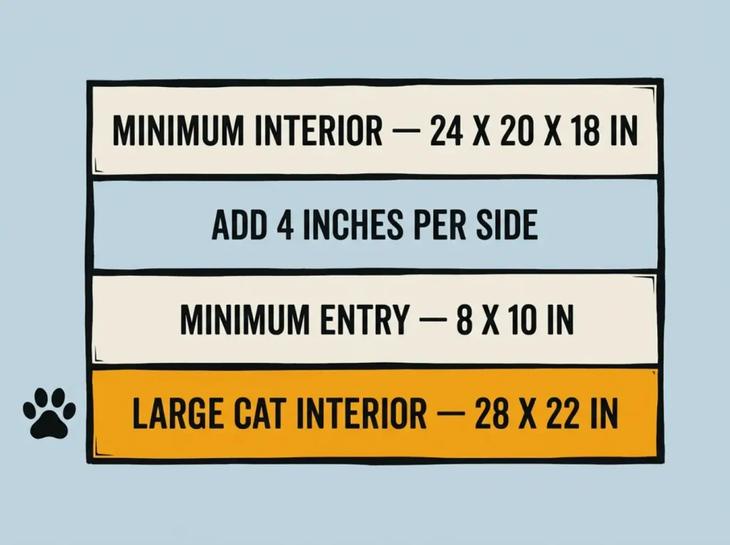 Flat linocut table listing minimum interior, clearance rule, minimum entry, and large-cat interior dimensions for a litter box enclosure