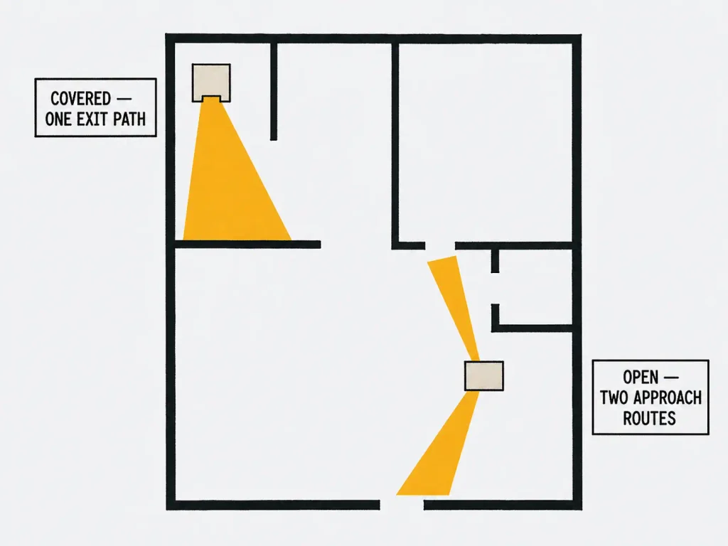 Overhead linocut floor plan comparing a covered litter box with a single exit path to an open litter box with two clear approach routes in a one-bedroom apartment