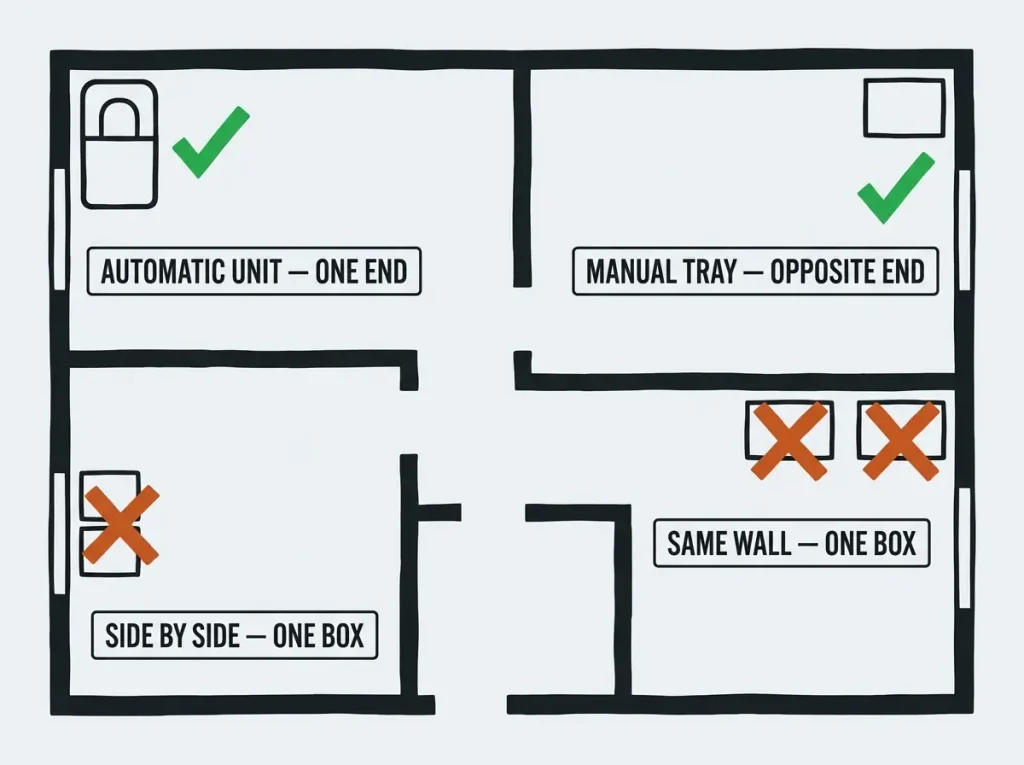 Overhead floor plan of a one-bedroom apartment showing correct opposite-end placement of an automatic unit and a manual tray, with side-by-side and same-wall placements crossed out
