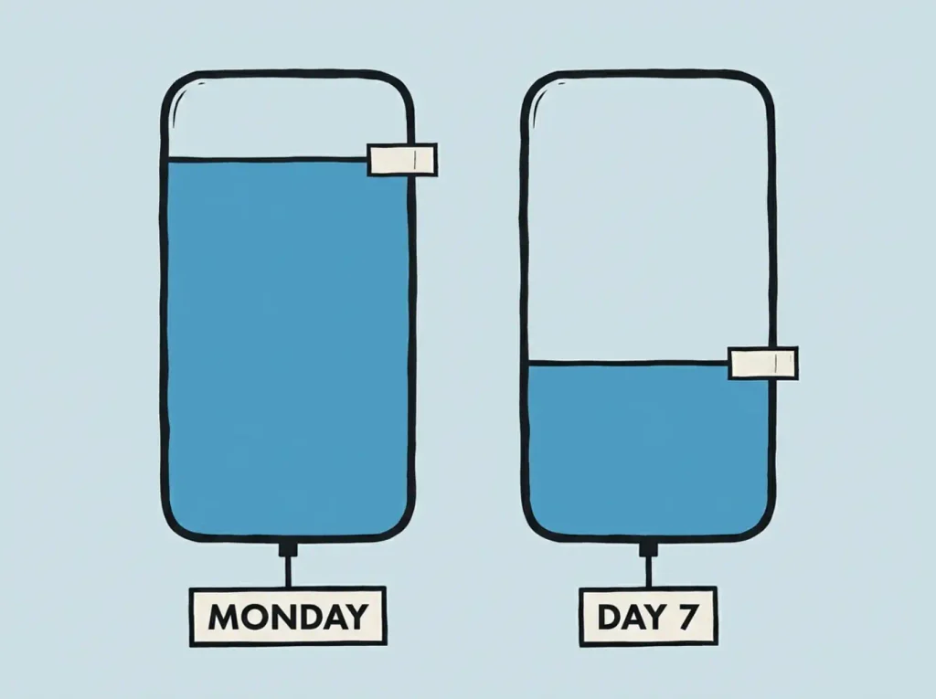 Flat linocut two-column comparison of a water fountain reservoir's fill line on Monday versus seven days later